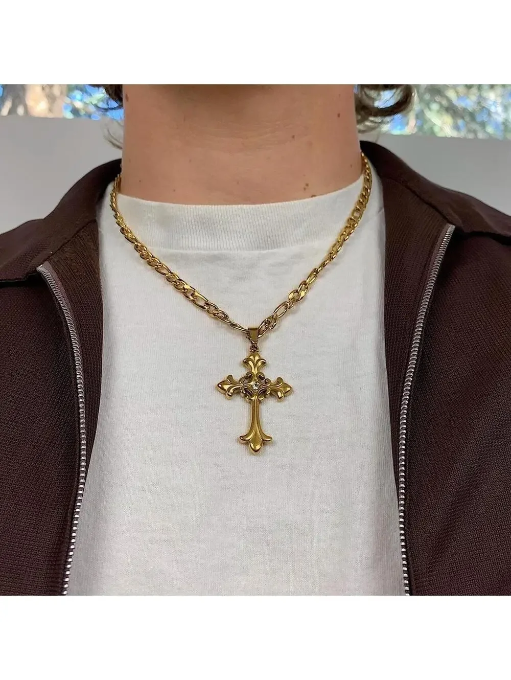Y2k style Gold Figaro Big Gothic Rhinestone Cross Pendant Necklace. Stainless